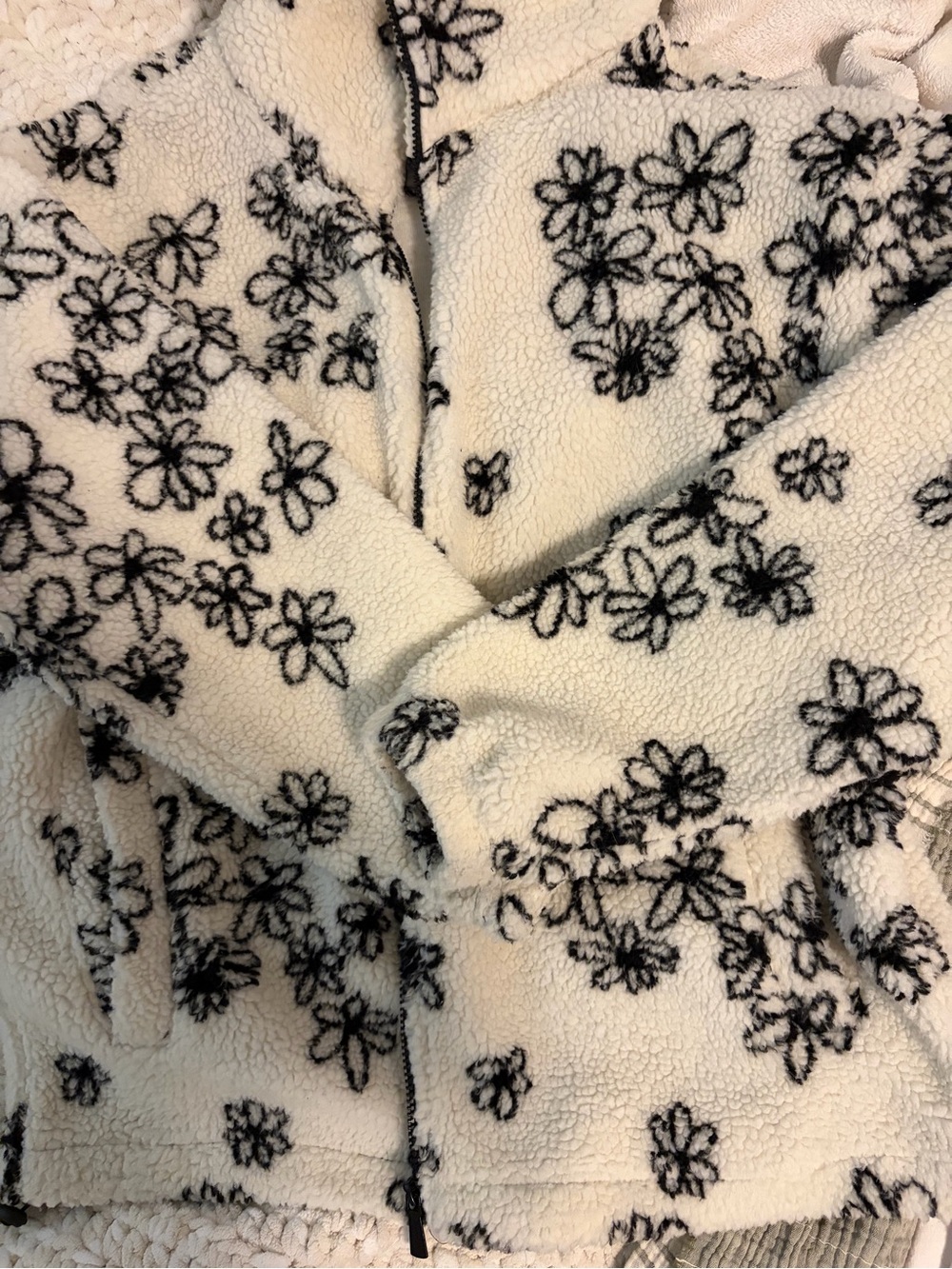 Silver Jeans Cream Sherpa Jacket with Black Floral Accents